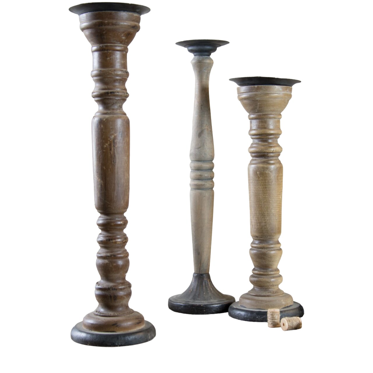 Creative Design Set of 3 Brown Antique Style Wooden Pillar Candle Holders 21&#x22;